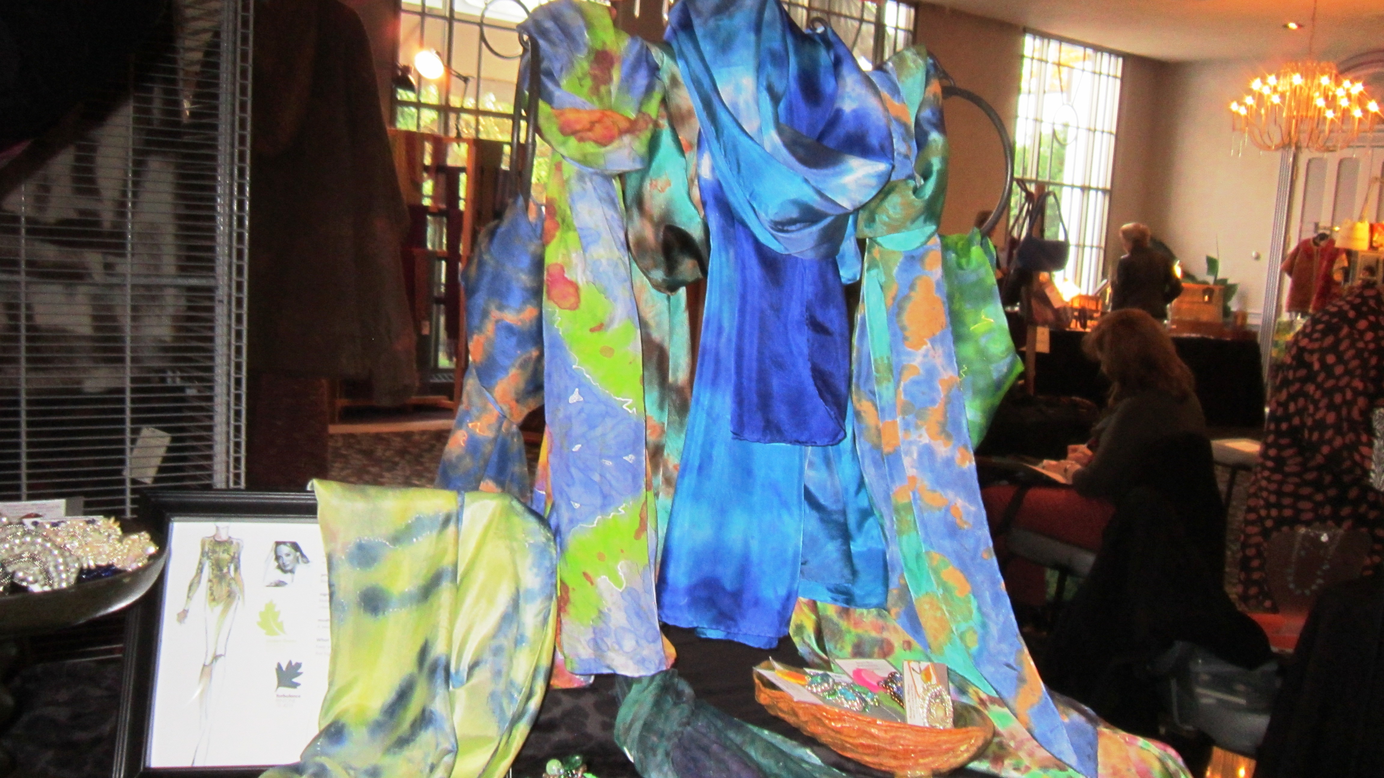 My booth - cool tones.  The scarf on the left in celery and blue was an amazing surprise that it sold quickly.
