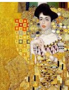 A portrait of a woman adorned in intricate, golden clothing with geometric patterns, set against a textured golden background.