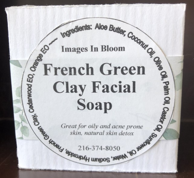 Packaging label for French Green Clay Facial Soap, highlighting its ingredients and benefits for oily and acne-prone skin.