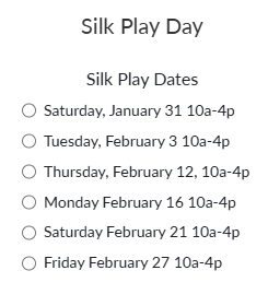 Schedule of Silk Play Day dates with times for a silk scarf painting workshop.