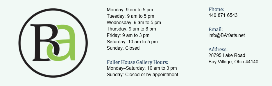 Contact information and hours of operation for BAYarts, including gallery hours for Fuller House Gallery.