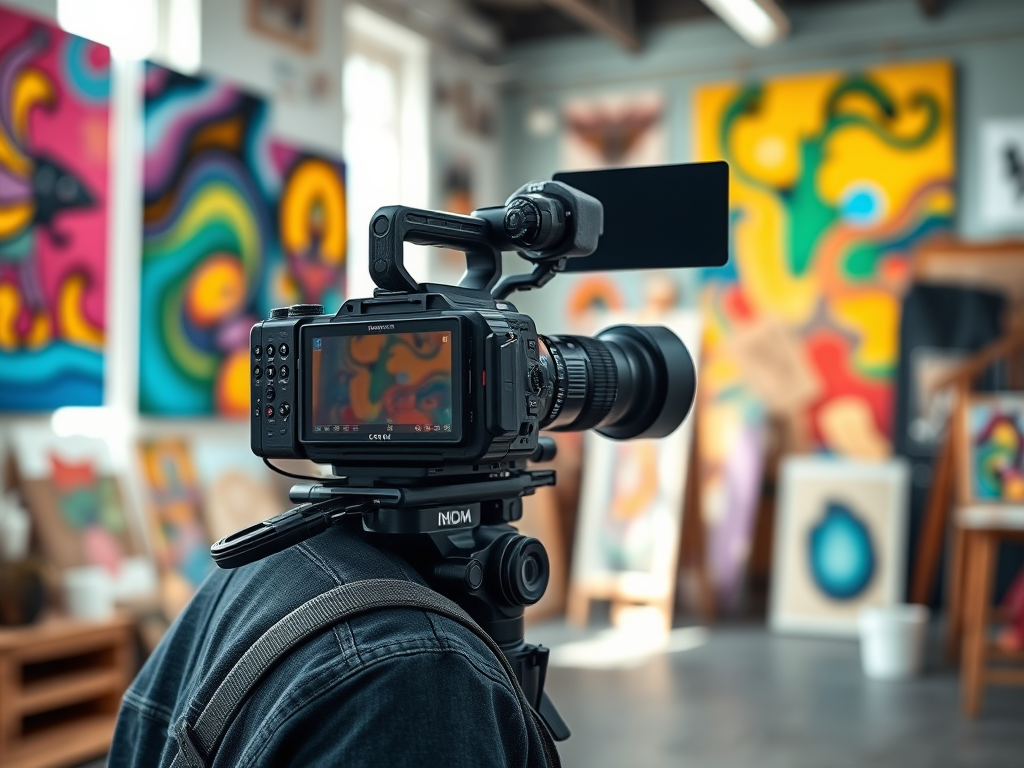A professional video camera set up on a tripod, focused on colorful abstract paintings displayed in an art studio.