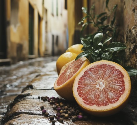 Freshly cut grapefruit halves resting on a cobblestone street with whole grapefruits and green leaves, surrounded by colorful peppercorns.