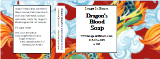 Label for Dragon's Blood Soap featuring vibrant floral designs, ingredient list, and website information.