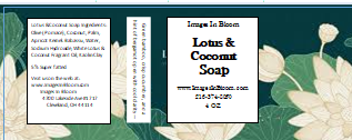 Label design for Lotus & Coconut Soap, featuring ingredients and company information. Includes floral background and product size.