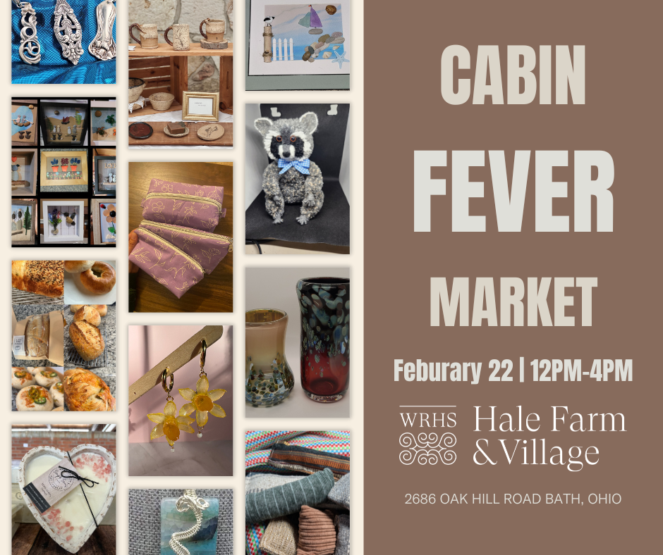 Promotional graphic for the Cabin Fever Market featuring various handcrafted items such as ceramics, textiles, baked goods, and art. Event details include date, time, and location.
