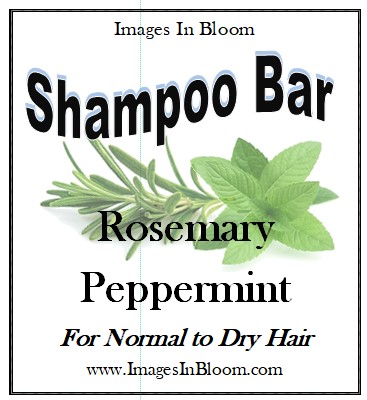 Label for a shampoo bar featuring rosemary and peppermint, designed for normal to dry hair, with 'Images In Bloom' branding.