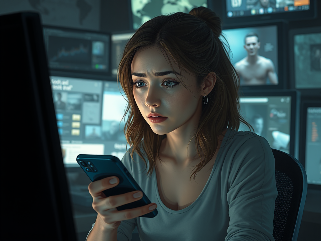 A focused woman sitting at a desk, looking at her smartphone while several computer screens display various data and charts in the background.