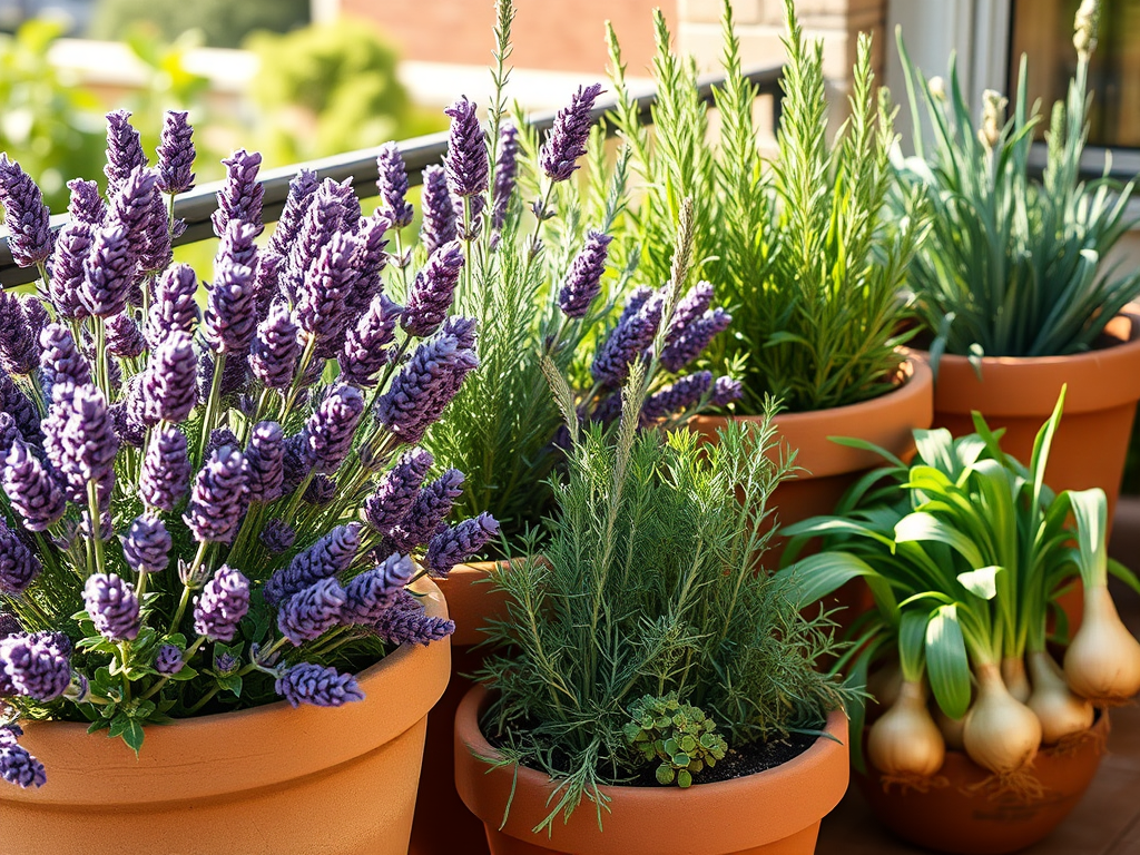 A collection of potted plants on a balcony, featuring vibrant purple lavender, green rosemary, and fresh green onions, arranged in terracotta pots.