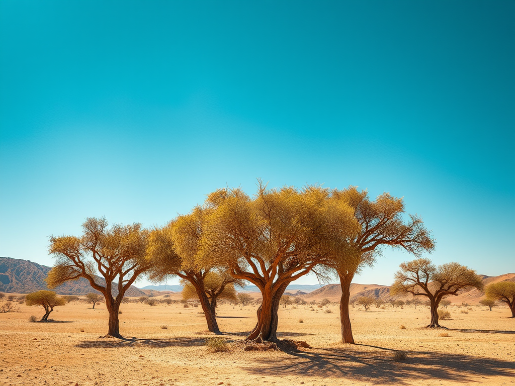 A group of trees with golden foliage in a desert landscape under a clear blue sky.