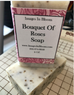 A bar of soap labeled 'Bouquet Of Roses Soap' with a pink floral design. The packaging displays the brand name 'Images In Bloom,' contact information, and the weight of 4 oz.