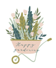 A decorative illustration of a wheelbarrow filled with various green plants and pink flowers, accompanied by the text 'Happy gardening'.