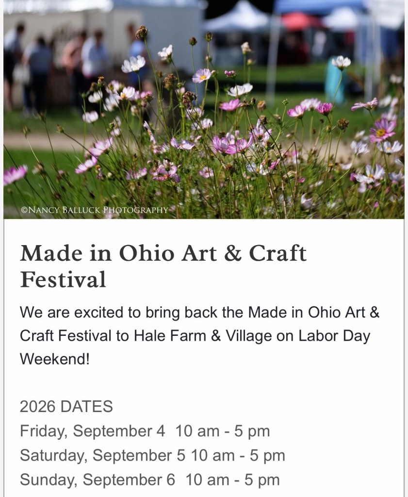 Floral scene with pink and white flowers in the foreground, featuring a banner for the Made in Ohio Art & Craft Festival with event dates and details.