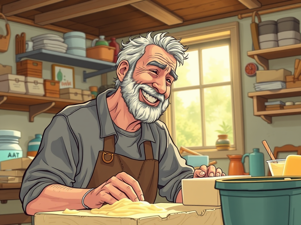 A smiling elderly man with a gray beard works on a wooden piece in a workshop filled with various crafting supplies and tools. Sunlight streams through a window, illuminating his focused expression.