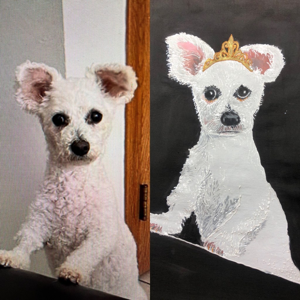 A side-by-side comparison of a white dog in a photograph on the left and a painted representation of the same dog wearing a crown on the right.