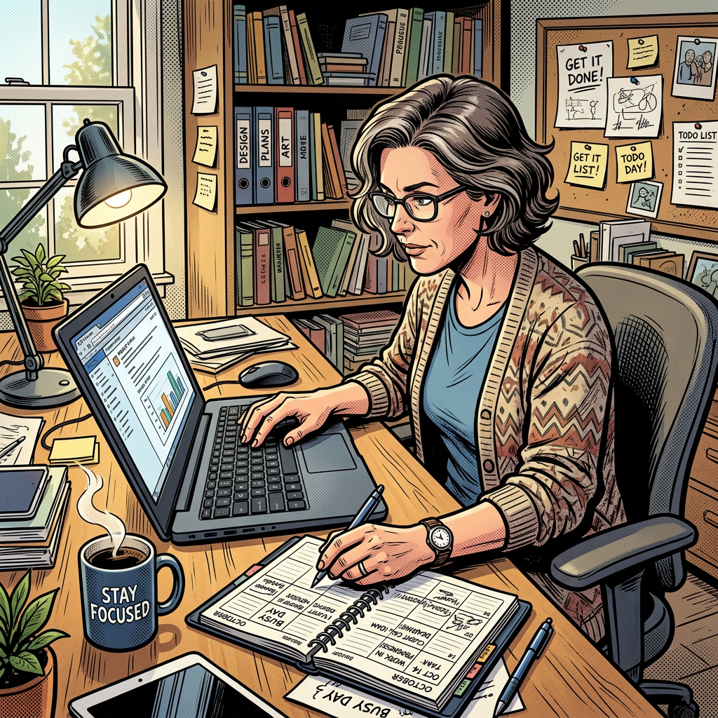 Woman working at desk with laptop, planner, coffee cup, and motivational notes