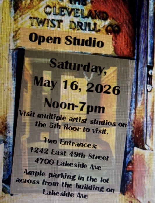 Flier for an open studio event hosted by Cleveland Twist Drill Co., featuring details about the event date, time, and locations for entry and parking.