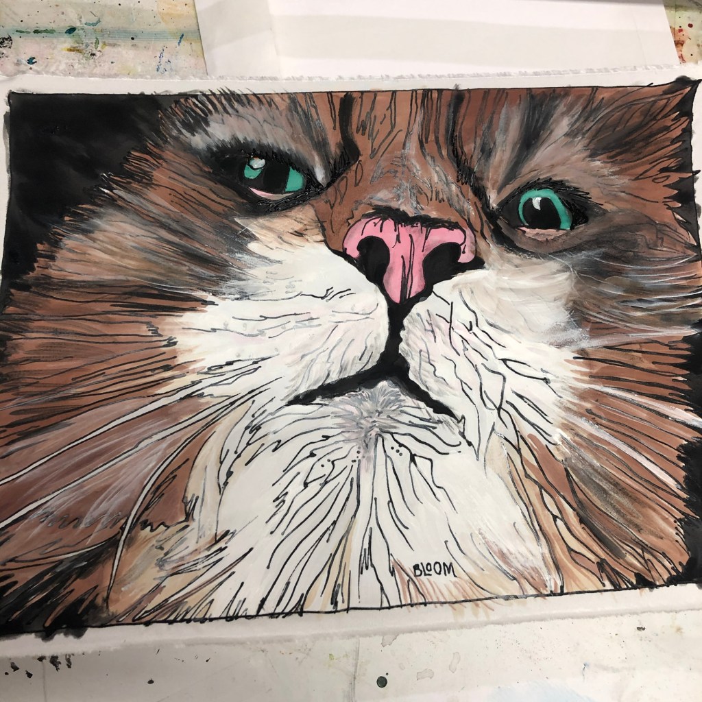 Close-up illustration of a cat's face with prominent facial features, including green eyes and a pink nose, showcasing detailed fur texture.