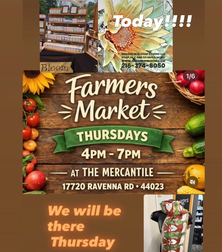 Promotional image for a farmers market featuring details about the event, including date, time, and location. Displays a sunflower illustration, and information about the vendor 'Images in Bloom', offering soap and other products.