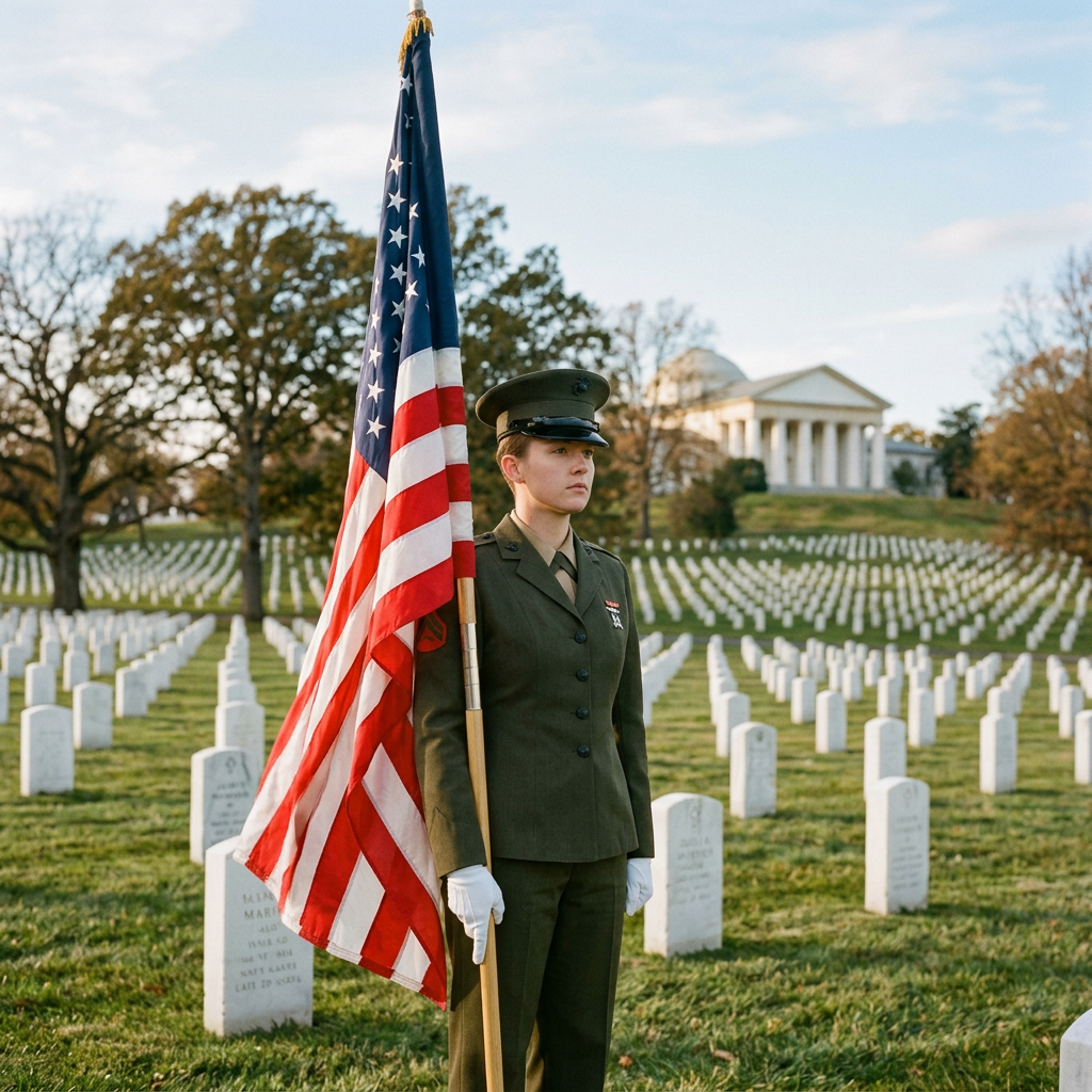 Military personnel in uniform holding American flag among cemetery headstones